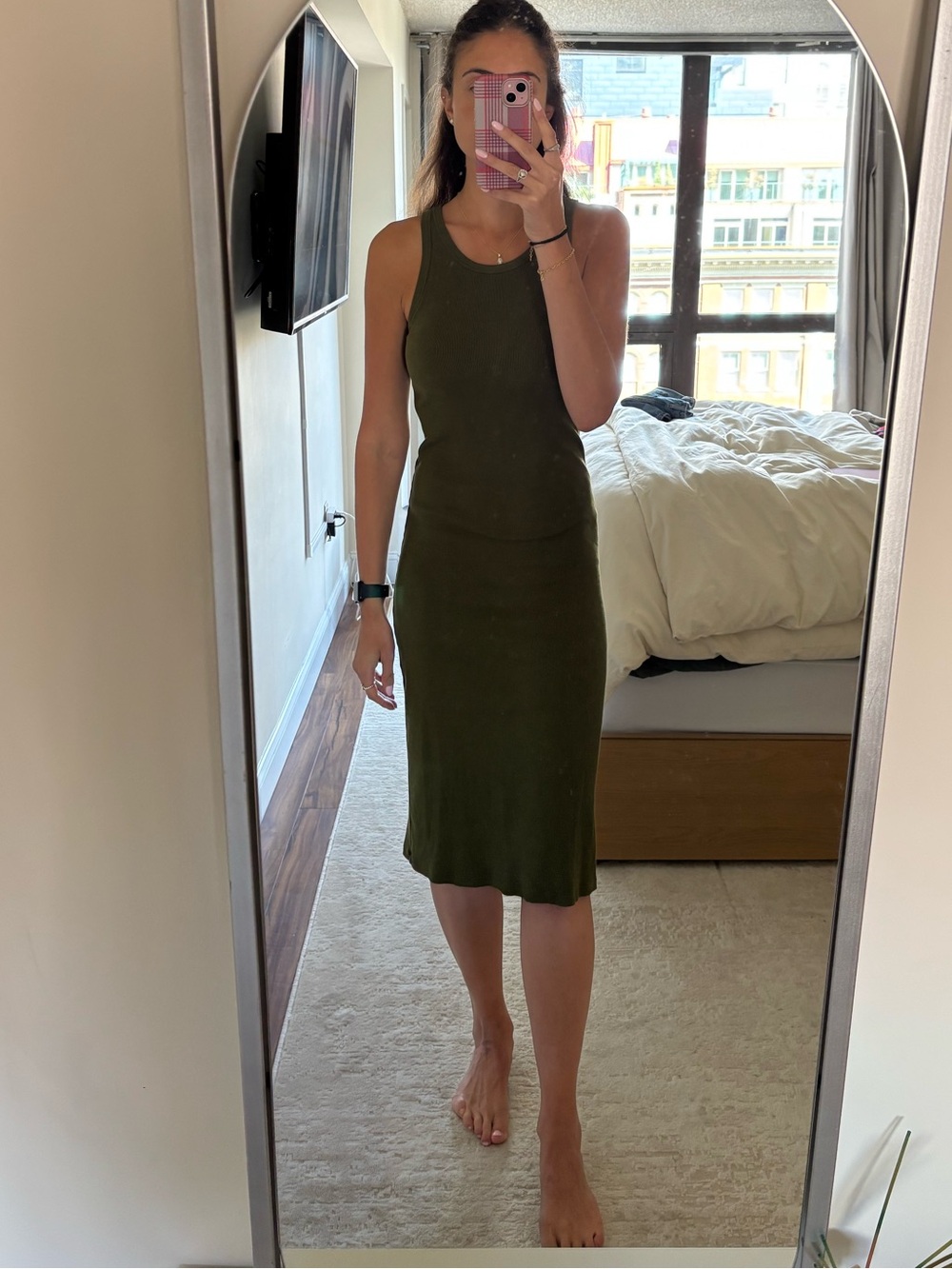 Uniqlo Olive Green Sleeveless Ribbed Midi Dress